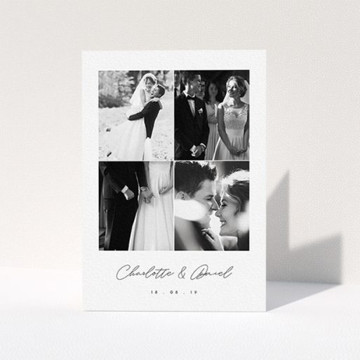 A photo wedding thank you card called "Box Chic". It is an A6 card in a portrait orientation. It is a photographic photo wedding thank you card with room for 3 photos. "Box Chic" is available as a folded card, with tones of black and white.