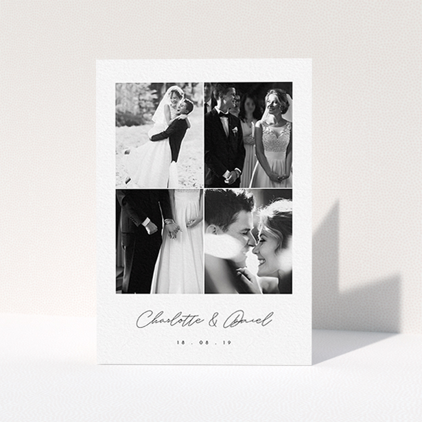 A photo wedding thank you card called "Box Chic". It is an A6 card in a portrait orientation. It is a photographic photo wedding thank you card with room for 3 photos. "Box Chic" is available as a folded card, with tones of black and white.