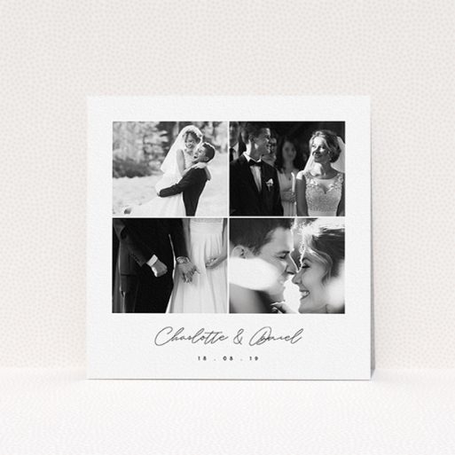 A photo wedding thank you card design called "Box Chic". It is a square (148mm x 148mm) card in a square orientation. It is a photographic photo wedding thank you card with room for 3 photos. "Box Chic" is available as a flat card, with tones of black and white.