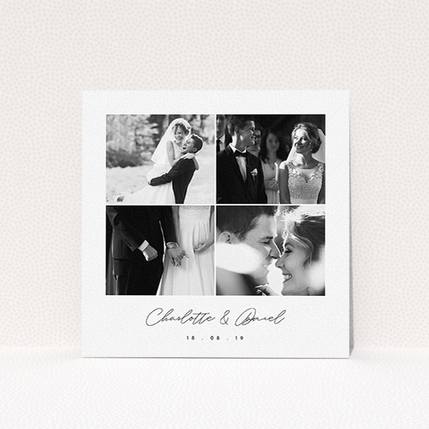 A photo wedding thank you card design called "Box Chic". It is a square (148mm x 148mm) card in a square orientation. It is a photographic photo wedding thank you card with room for 3 photos. "Box Chic" is available as a flat card, with tones of black and white.