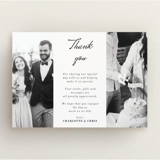 A photo wedding thank you card called "Caught in the middle with you". It is an A5 card in a landscape orientation. It is a photographic photo wedding thank you card with room for 2 photos. "Caught in the middle with you" is available as a flat card, with mainly white colouring.