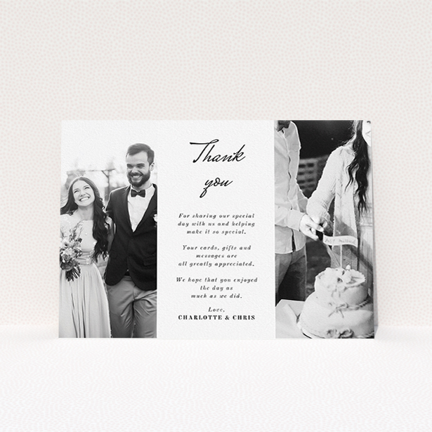 A photo wedding thank you card called "Caught in the middle with you". It is an A5 card in a landscape orientation. It is a photographic photo wedding thank you card with room for 2 photos. "Caught in the middle with you" is available as a flat card, with mainly white colouring.