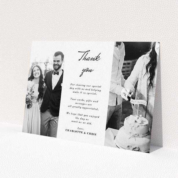 A photo wedding thank you card called 'Caught in the middle with you'. It is an A5 card in a landscape orientation. It is a photographic photo wedding thank you card with room for 2 photos. 'Caught in the middle with you' is available as a flat card, with mainly white colouring.