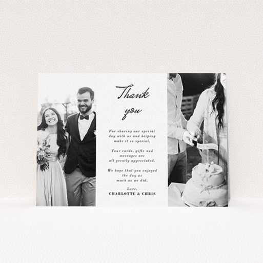 A photo wedding thank you card template titled "Caught in the middle with you". It is an A6 card in a landscape orientation. It is a photographic photo wedding thank you card with room for 2 photos. "Caught in the middle with you" is available as a flat card, with mainly white colouring.