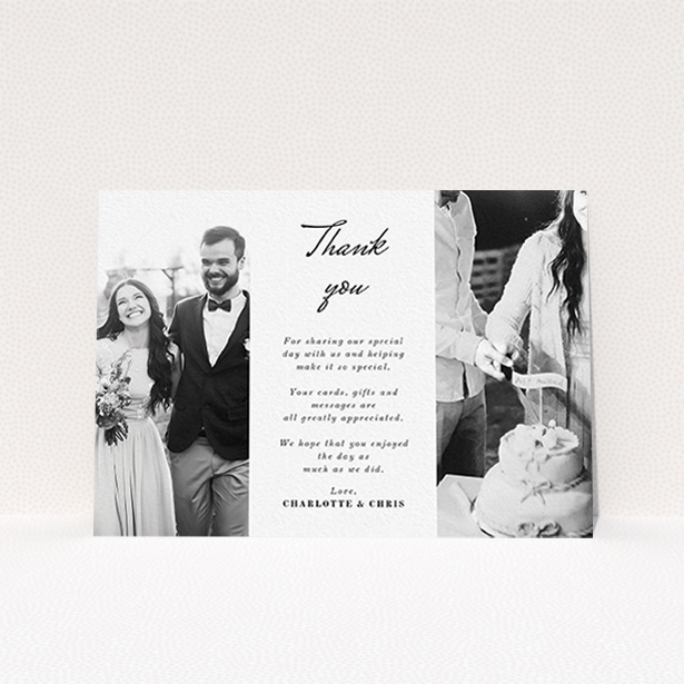 A photo wedding thank you card template titled "Caught in the middle with you". It is an A6 card in a landscape orientation. It is a photographic photo wedding thank you card with room for 2 photos. "Caught in the middle with you" is available as a flat card, with mainly white colouring.