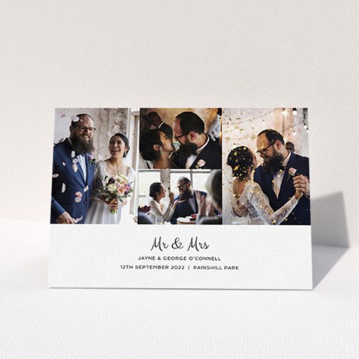 A photo wedding thank you card design called "Cheek by Jowl". It is an A6 card in a landscape orientation. It is a photographic photo wedding thank you card with room for 4 photos. "Cheek by Jowl" is available as a folded card, with mainly white colouring.