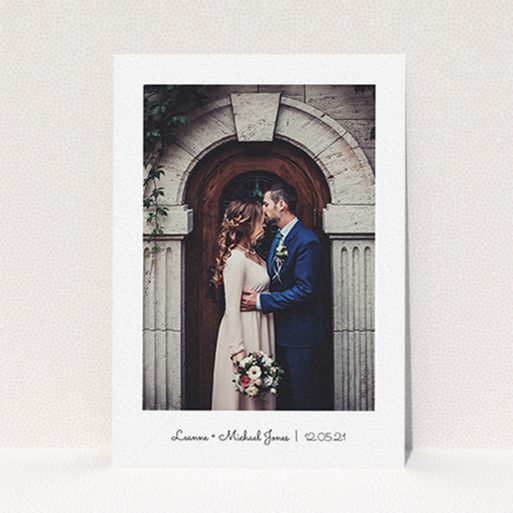 A photo wedding thank you card template titled "Classic Thank You with Photo". It is an A6 card in a portrait orientation. It is a photographic photo wedding thank you card with room for 1 photo. "Classic Thank You with Photo" is available as a flat card, with mainly white colouring.
