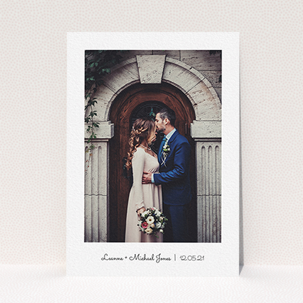 A photo wedding thank you card template titled "Classic Thank You with Photo". It is an A6 card in a portrait orientation. It is a photographic photo wedding thank you card with room for 1 photo. "Classic Thank You with Photo" is available as a flat card, with mainly white colouring.