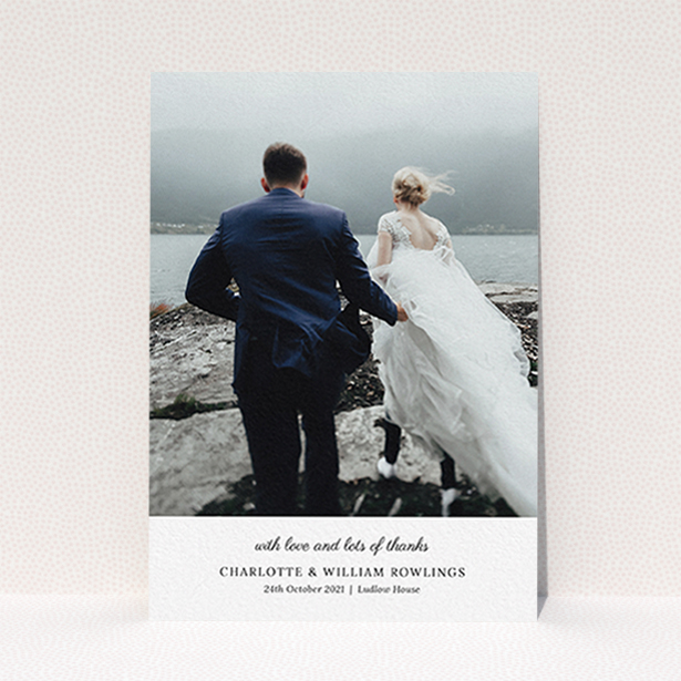 A photo wedding thank you card named "Classic Wedding Thanks". It is an A6 card in a portrait orientation. It is a photographic photo wedding thank you card with room for 1 photo. "Classic Wedding Thanks" is available as a flat card, with mainly white colouring.