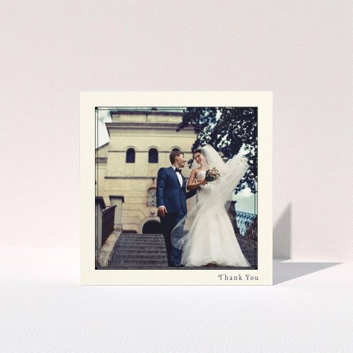A photo wedding thank you card design titled "Deco cream". It is a square (148mm x 148mm) card in a square orientation. It is a photographic photo wedding thank you card with room for 1 photo. "Deco cream" is available as a folded card, with mainly cream colouring.