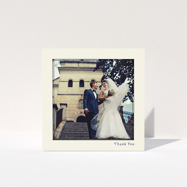 A photo wedding thank you card design titled "Deco cream". It is a square (148mm x 148mm) card in a square orientation. It is a photographic photo wedding thank you card with room for 1 photo. "Deco cream" is available as a folded card, with mainly cream colouring.