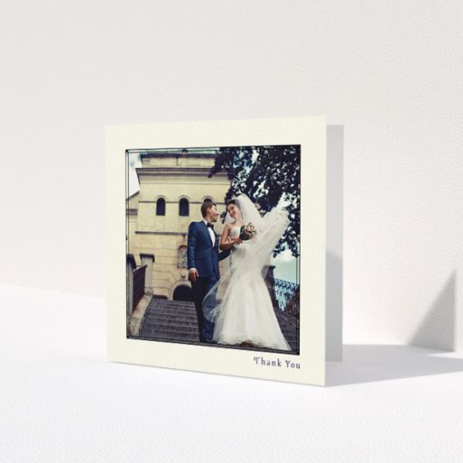 A photo wedding thank you card design titled 'Deco cream'. It is a square (148mm x 148mm) card in a square orientation. It is a photographic photo wedding thank you card with room for 1 photo. 'Deco cream' is available as a folded card, with mainly cream colouring.