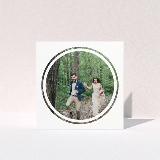 Photo Wedding Thank You Card Design - "Double circle" A photo wedding thank you card named "Double circle". It is a square (148mm x 148mm) card in a square orientation. It is a photographic photo wedding thank you card with room for 1 photo. "Double circle" is available as a folded card, with mainly white colouring.