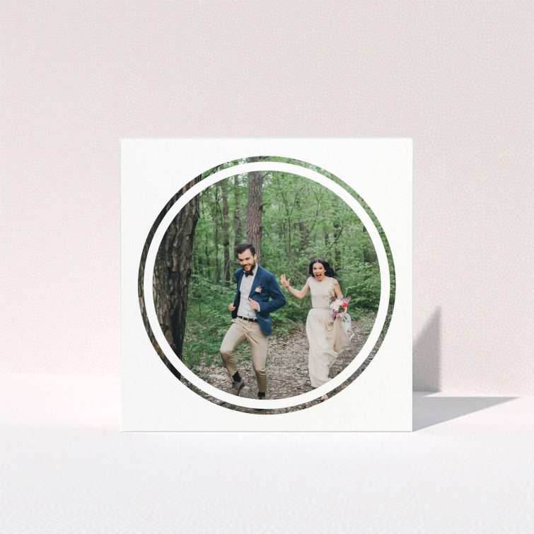 A photo wedding thank you card named "Double circle". It is a square (148mm x 148mm) card in a square orientation. It is a photographic photo wedding thank you card with room for 1 photo. "Double circle" is available as a folded card, with mainly white colouring.
