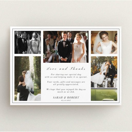 A photo wedding thank you card design called "Five photo frame". It is an A5 card in a landscape orientation. It is a photographic photo wedding thank you card with room for 3 photos. "Five photo frame" is available as a flat card, with tones of black and white.