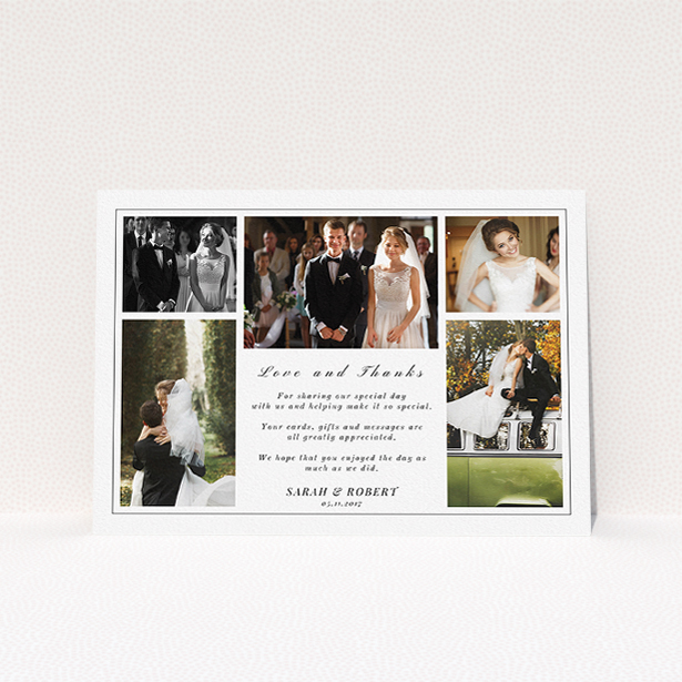 A photo wedding thank you card design called "Five photo frame". It is an A5 card in a landscape orientation. It is a photographic photo wedding thank you card with room for 3 photos. "Five photo frame" is available as a flat card, with tones of black and white.