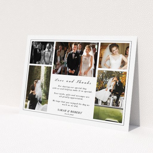 A photo wedding thank you card design called 'Five photo frame'. It is an A5 card in a landscape orientation. It is a photographic photo wedding thank you card with room for 3 photos. 'Five photo frame' is available as a flat card, with tones of black and white.