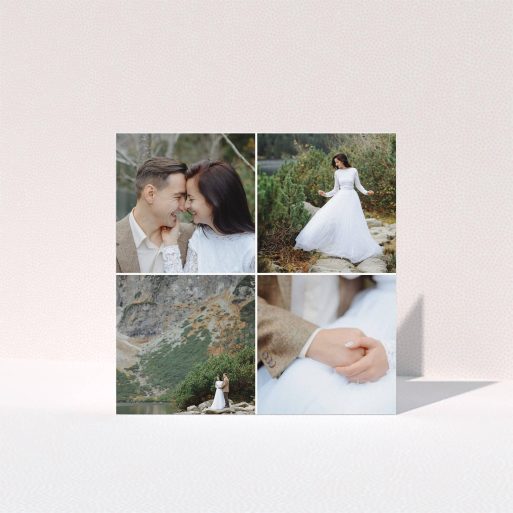 A photo wedding thank you card design called "Four Boxes". It is a square (148mm x 148mm) card in a square orientation. It is a photographic photo wedding thank you card with room for 3 photos. "Four Boxes" is available as a folded card, with mainly white colouring.