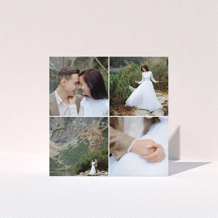 A photo wedding thank you card design called "Four Boxes". It is a square (148mm x 148mm) card in a square orientation. It is a photographic photo wedding thank you card with room for 3 photos. "Four Boxes" is available as a folded card, with mainly white colouring.