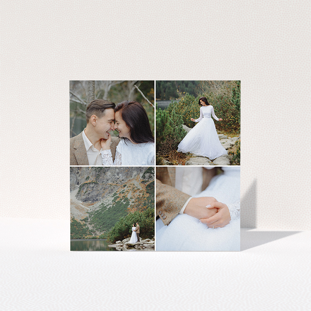 A photo wedding thank you card design called "Four Boxes". It is a square (148mm x 148mm) card in a square orientation. It is a photographic photo wedding thank you card with room for 3 photos. "Four Boxes" is available as a folded card, with mainly white colouring.