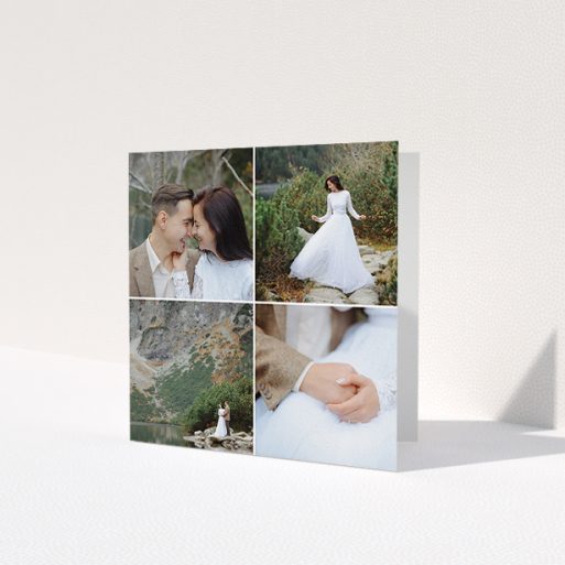 A photo wedding thank you card design called 'Four Boxes'. It is a square (148mm x 148mm) card in a square orientation. It is a photographic photo wedding thank you card with room for 3 photos. 'Four Boxes' is available as a folded card, with mainly white colouring.