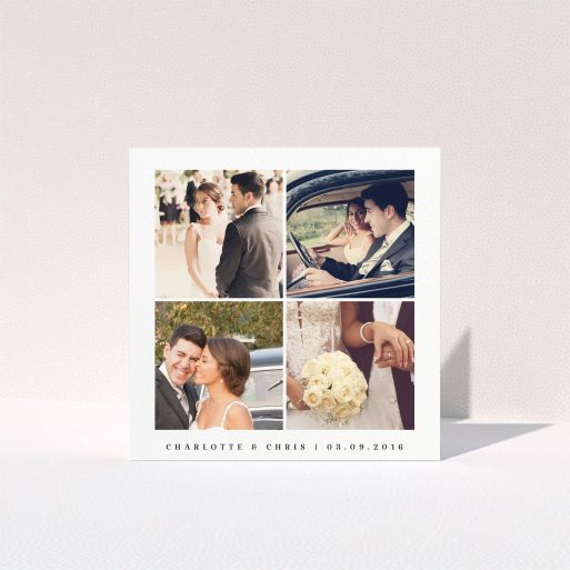Photo Wedding Thank You Card Design - "Four corners" A photo wedding thank you card named "Four corners". It is a square (148mm x 148mm) card in a square orientation. It is a photographic photo wedding thank you card with room for 1 photo. "Four corners" is available as a folded card, with tones of black and white.
