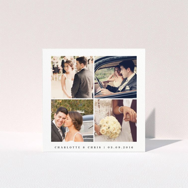 A photo wedding thank you card named "Four corners". It is a square (148mm x 148mm) card in a square orientation. It is a photographic photo wedding thank you card with room for 1 photo. "Four corners" is available as a folded card, with tones of black and white.