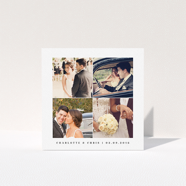 A photo wedding thank you card named "Four corners". It is a square (148mm x 148mm) card in a square orientation. It is a photographic photo wedding thank you card with room for 1 photo. "Four corners" is available as a folded card, with tones of black and white.