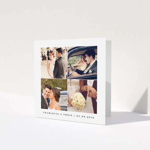A photo wedding thank you card named 'Four corners'. It is a square (148mm x 148mm) card in a square orientation. It is a photographic photo wedding thank you card with room for 1 photo. 'Four corners' is available as a folded card, with tones of black and white.