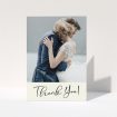 A photo wedding thank you card template titled "Gold Stripe Thank You". It is an A6 card in a portrait orientation. It is a photographic photo wedding thank you card with room for 1 photo. "Gold Stripe Thank You" is available as a folded card, with mainly cream colouring.