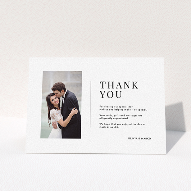 A photo wedding thank you card named "Just a little thank you". It is an A6 card in a landscape orientation. It is a photographic photo wedding thank you card with room for 1 photo. "Just a little thank you" is available as a folded card, with mainly white colouring.