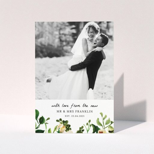 A photo wedding thank you card named "Kew Gardens". It is an A5 card in a portrait orientation. It is a photographic photo wedding thank you card with room for 1 photo. "Kew Gardens" is available as a folded card, with tones of green, cream and dark green.