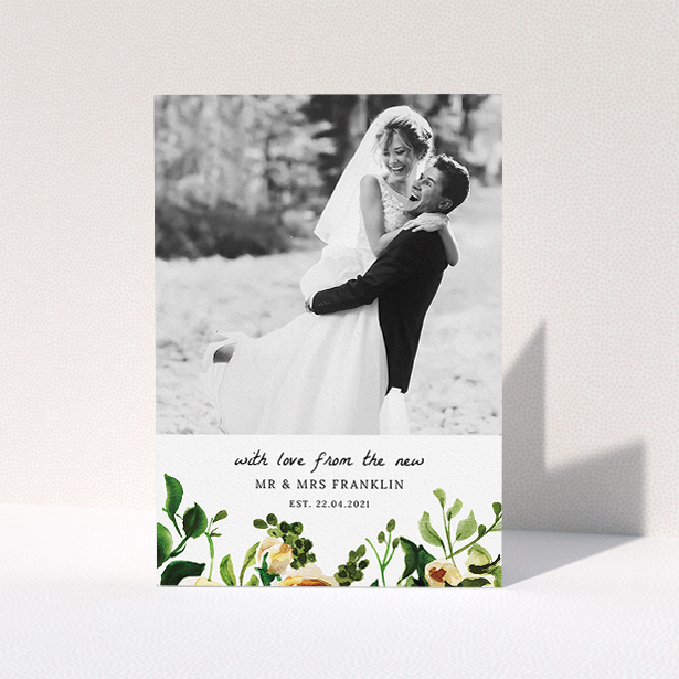 A photo wedding thank you card named "Kew Gardens". It is an A5 card in a portrait orientation. It is a photographic photo wedding thank you card with room for 1 photo. "Kew Gardens" is available as a folded card, with tones of green, cream and dark green.