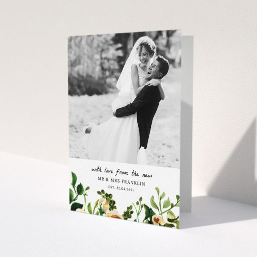A photo wedding thank you card named 'Kew Gardens'. It is an A5 card in a portrait orientation. It is a photographic photo wedding thank you card with room for 1 photo. 'Kew Gardens' is available as a folded card, with tones of green, cream and dark green.