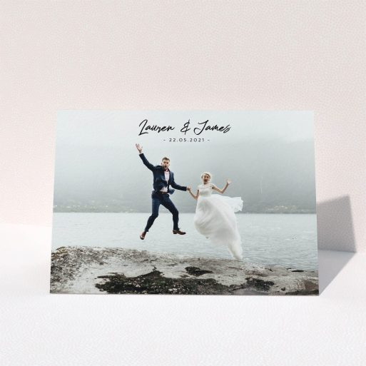 Photo Wedding Thank You Card Design - "Large Landscape Photo" A photo wedding thank you card design titled "Large Landscape Photo". It is an A5 card in a landscape orientation. It is a photographic photo wedding thank you card with room for 1 photo. "Large Landscape Photo" is available as a folded card, with mainly black colouring.