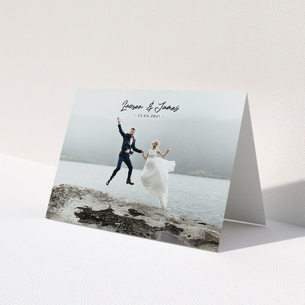A photo wedding thank you card design titled 'Large Landscape Photo'. It is an A5 card in a landscape orientation. It is a photographic photo wedding thank you card with room for 1 photo. 'Large Landscape Photo' is available as a folded card, with mainly black colouring.