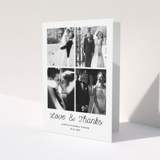 A photo wedding thank you card called 'Love & Thanks'. It is an A5 card in a portrait orientation. It is a photographic photo wedding thank you card with room for 4 photos. 'Love & Thanks' is available as a folded card, with mainly white colouring.