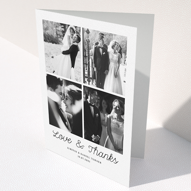 A photo wedding thank you card called "Love & Thanks". It is an A5 card in a portrait orientation. It is a photographic photo wedding thank you card with room for 4 photos. "Love & Thanks" is available as a folded card, with mainly white colouring.