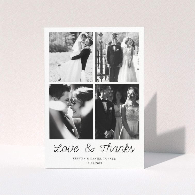 A photo wedding thank you card called "Love & Thanks". It is an A6 card in a portrait orientation. It is a photographic photo wedding thank you card with room for 4 photos. "Love & Thanks" is available as a folded card, with mainly white colouring.