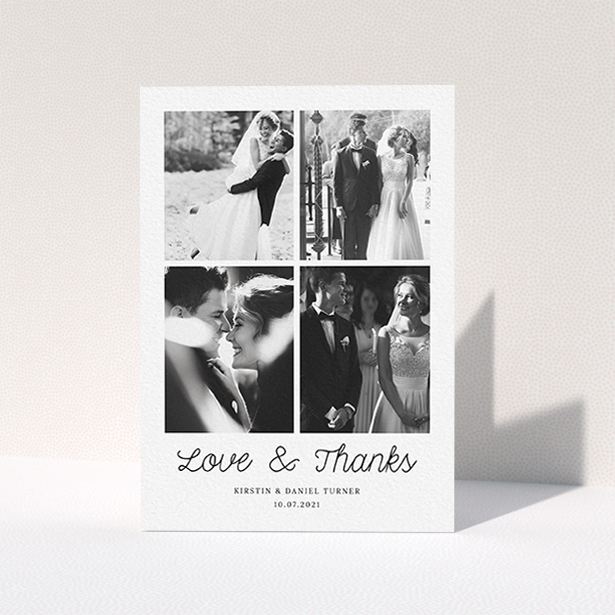 A photo wedding thank you card called "Love & Thanks". It is an A6 card in a portrait orientation. It is a photographic photo wedding thank you card with room for 4 photos. "Love & Thanks" is available as a folded card, with mainly white colouring.