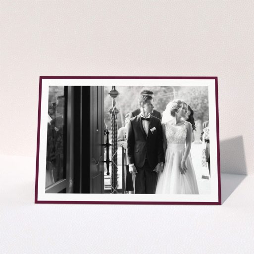 Photo Wedding Thank You Card Design - "Maroon Border" A photo wedding thank you card design titled "Maroon Border". It is an A5 card in a landscape orientation. It is a photographic photo wedding thank you card with room for 1 photo. "Maroon Border" is available as a folded card, with tones of burgundy and white.