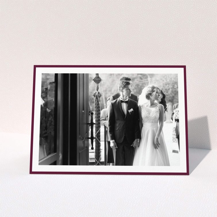 A photo wedding thank you card design titled "Maroon Border". It is an A5 card in a landscape orientation. It is a photographic photo wedding thank you card with room for 1 photo. "Maroon Border" is available as a folded card, with tones of burgundy and white.