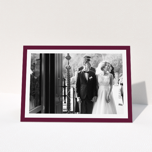 A photo wedding thank you card design titled "Maroon Border". It is an A5 card in a landscape orientation. It is a photographic photo wedding thank you card with room for 1 photo. "Maroon Border" is available as a folded card, with tones of burgundy and white.