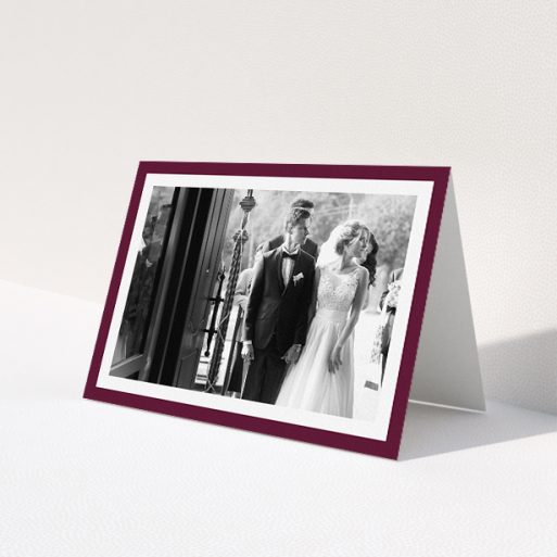 A photo wedding thank you card design titled 'Maroon Border'. It is an A5 card in a landscape orientation. It is a photographic photo wedding thank you card with room for 1 photo. 'Maroon Border' is available as a folded card, with tones of burgundy and white.
