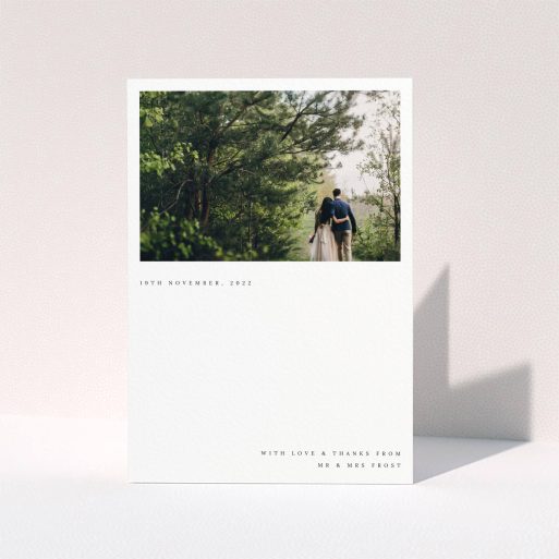 A photo wedding thank you card design called "Modern Postcard". It is an A5 card in a portrait orientation. It is a photographic photo wedding thank you card with room for 1 photo. "Modern Postcard" is available as a folded card, with mainly white colouring.