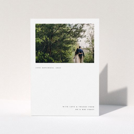A photo wedding thank you card design called "Modern Postcard". It is an A5 card in a portrait orientation. It is a photographic photo wedding thank you card with room for 1 photo. "Modern Postcard" is available as a folded card, with mainly white colouring.
