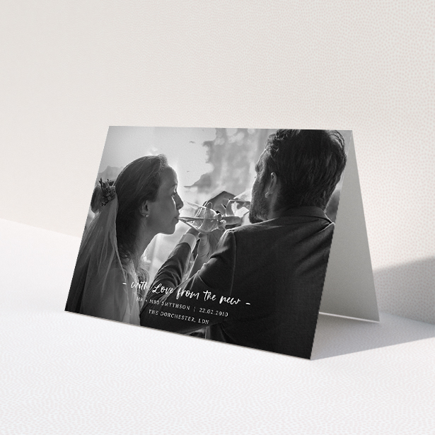 A photo wedding thank you card design named 'Modern Wedding Photography'. It is an A5 card in a landscape orientation. It is a photographic photo wedding thank you card with room for 1 photo. 'Modern Wedding Photography' is available as a folded card, with mainly white colouring.