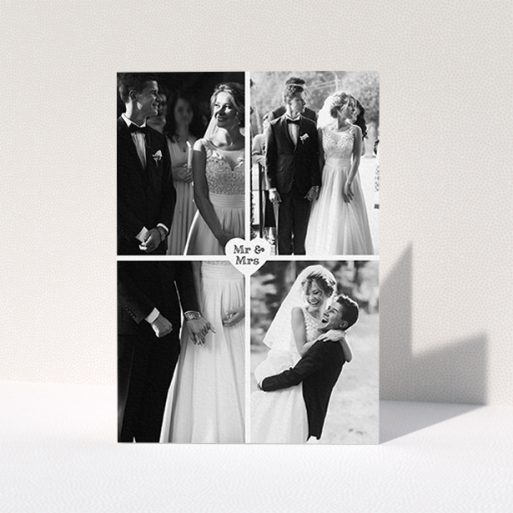 A photo wedding thank you card named "Monochrome Heart". It is an A6 card in a portrait orientation. It is a photographic photo wedding thank you card with room for 4 photos. "Monochrome Heart" is available as a folded card, with mainly white colouring.