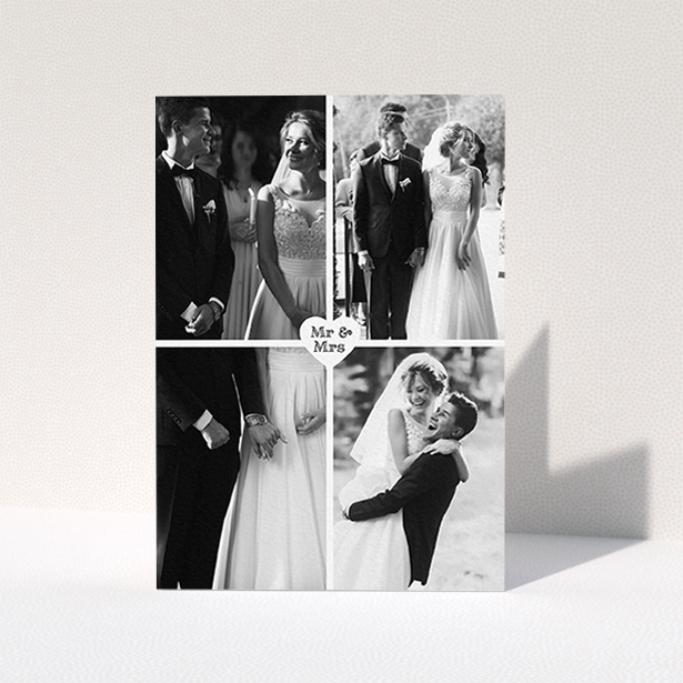 A photo wedding thank you card named "Monochrome Heart". It is an A6 card in a portrait orientation. It is a photographic photo wedding thank you card with room for 4 photos. "Monochrome Heart" is available as a folded card, with mainly white colouring.