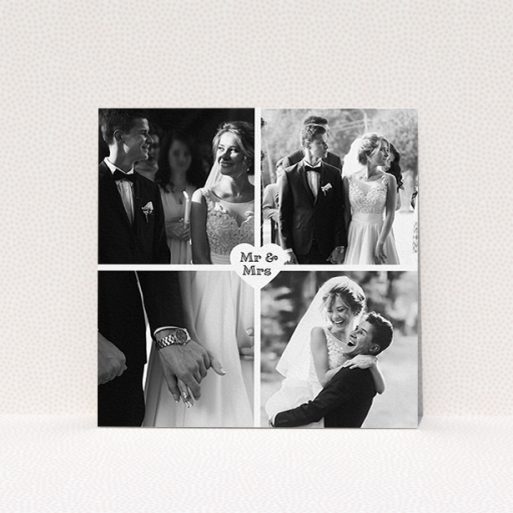 A photo wedding thank you card named "Monochrome Heart". It is a square (148mm x 148mm) card in a square orientation. It is a photographic photo wedding thank you card with room for 4 photos. "Monochrome Heart" is available as a flat card, with mainly white colouring.